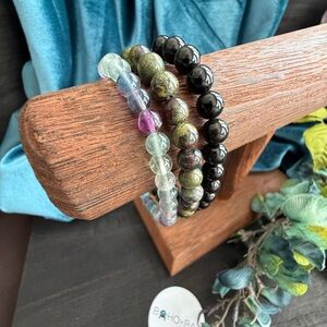 Trio of Natural Stone Bracelets – Dragon’s Blood Jasper, Obsidian & Fluorite